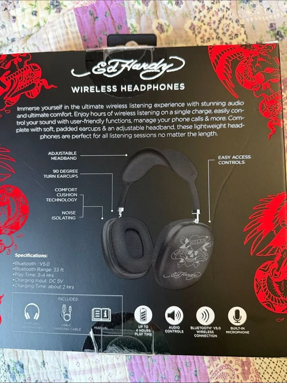 Ed Hardy Black and Red Wireless Headphones